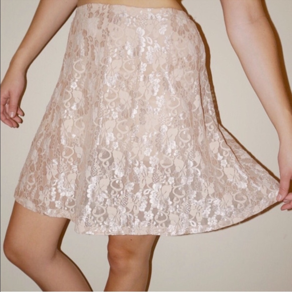 Elastic Waist Lined Lace Skater Skirt Nude Mini